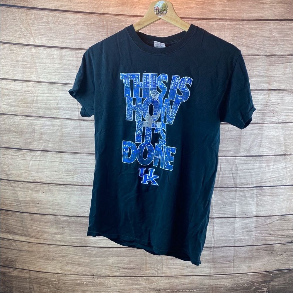 Gildan Black Tee with Blue Graphic Text